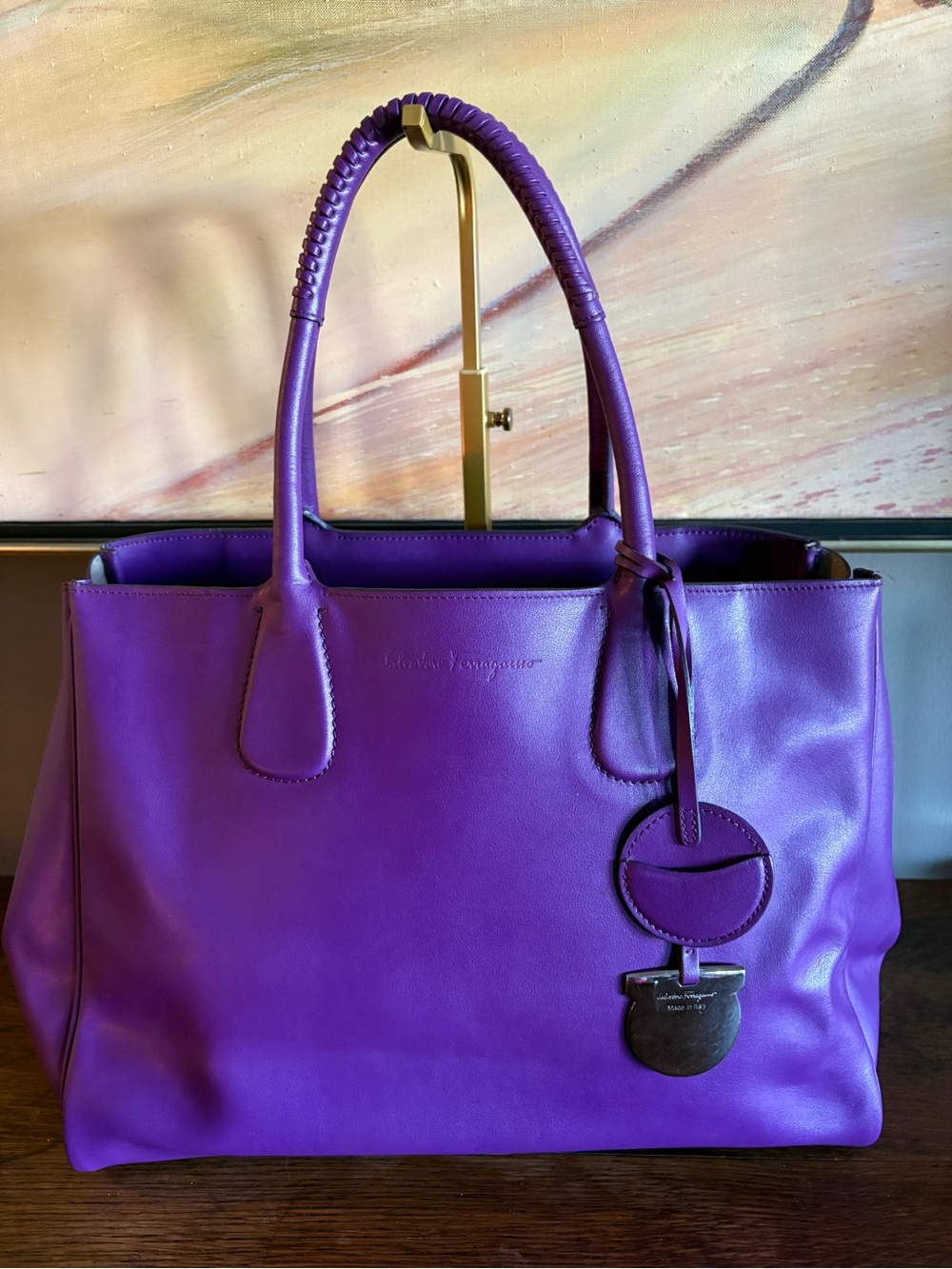 Salvatore Ferragamo Purple Leather Large Tote Silver Hardware Italy